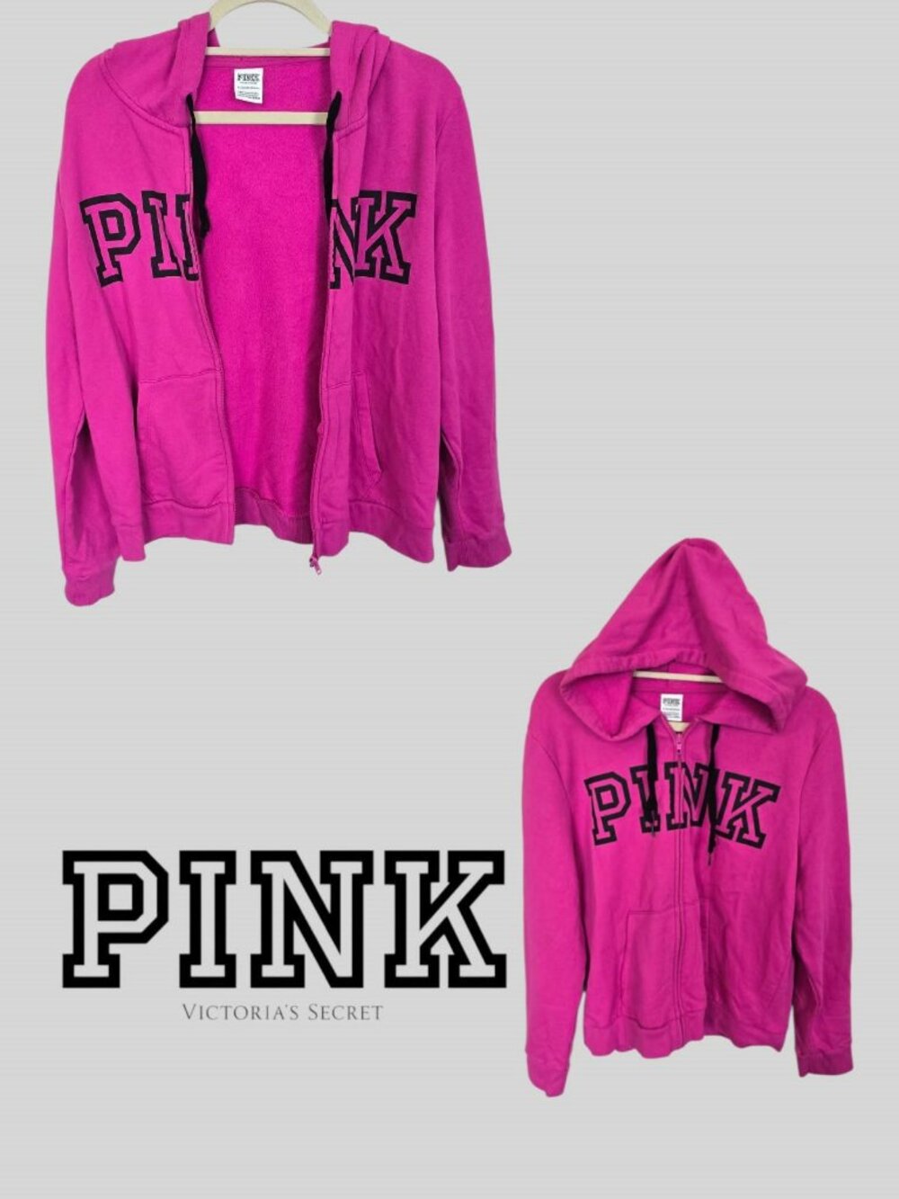 Pink Victoria Secret Fuchsia Pink Full Zip Hooded Sweatshirt Womens XL